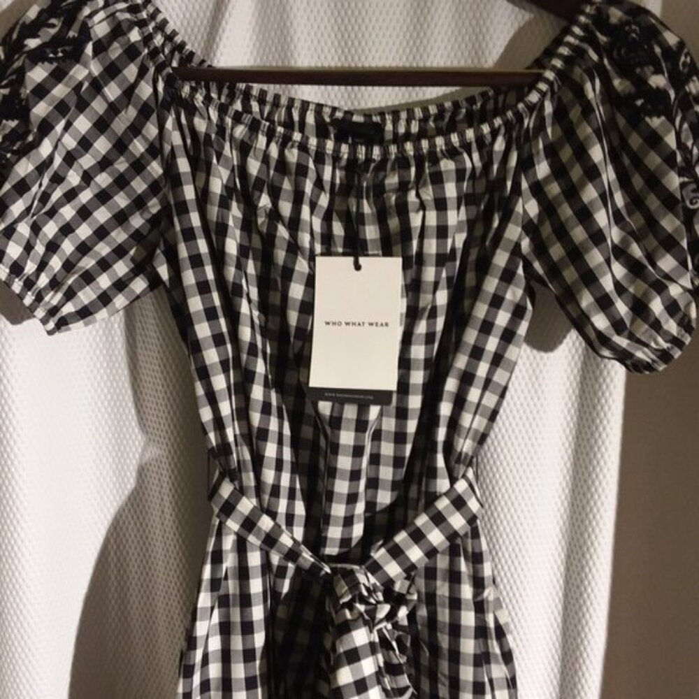 New with tags! Black and white gingham belted  midi dress with embroided sleeves